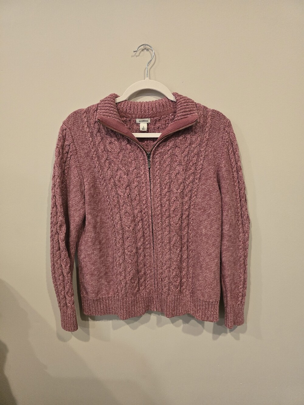 L.L. Bean Women's Cable Knit Zip Cardigan in Dusty Rose